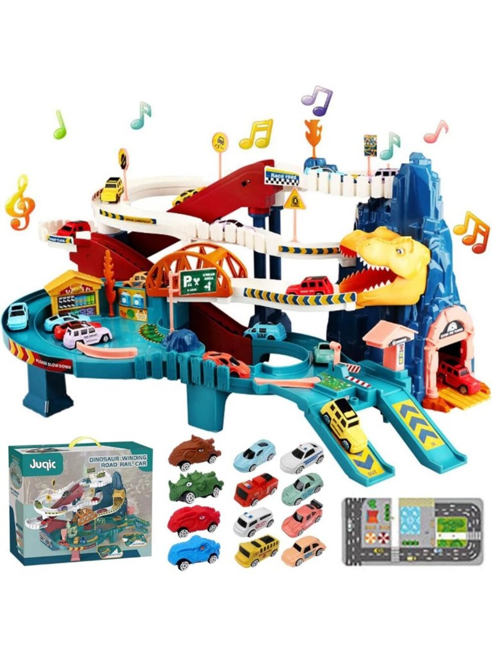 Colorful Dinosaur Car Ramp Track Set with 12 Mini Racer Cars for Kids 3